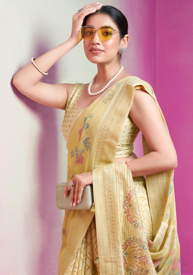 Yellow Embroidered Brasso Saree Set